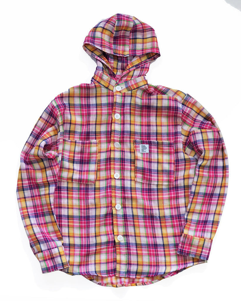 Hooded Werk Shirt in Doubleface Madras Cotton (Red/Yellow)