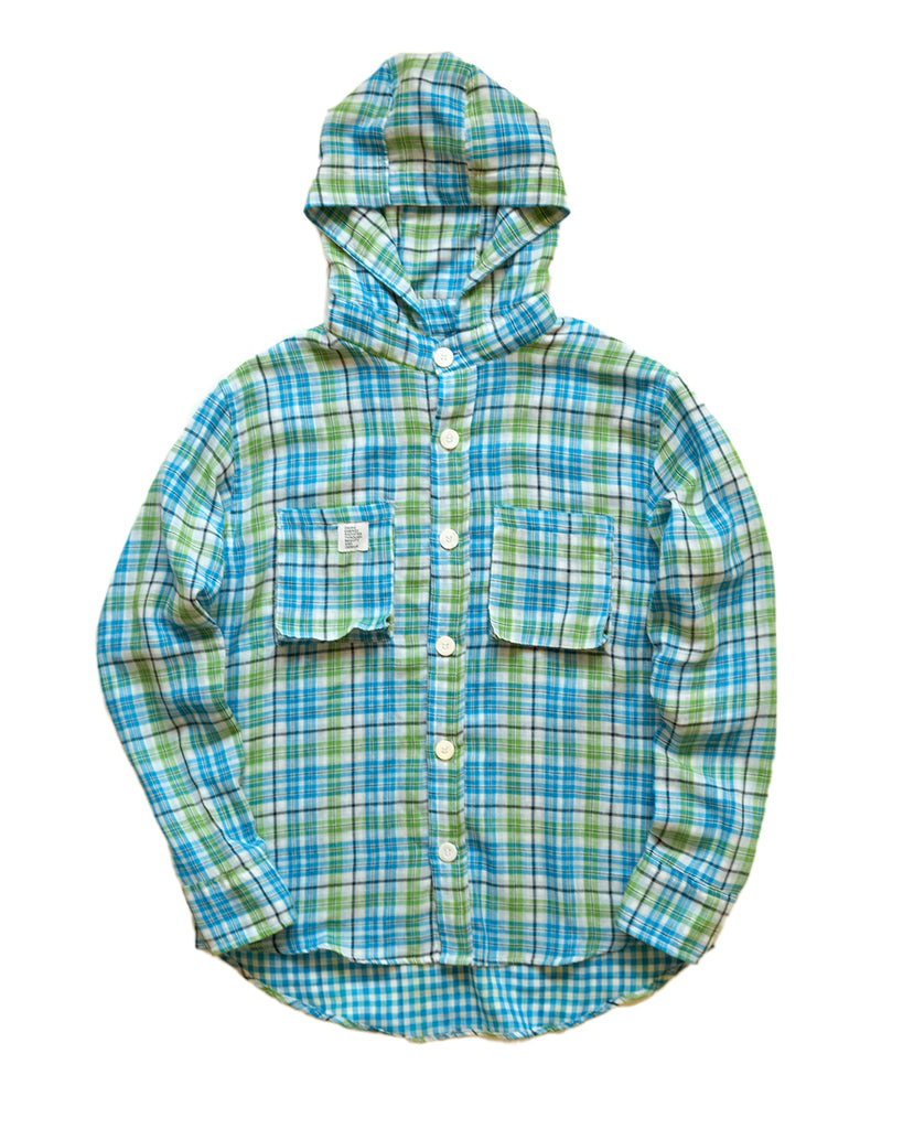 Hooded Werk Shirt in Doubleface Madras Cotton (Blue/Green)