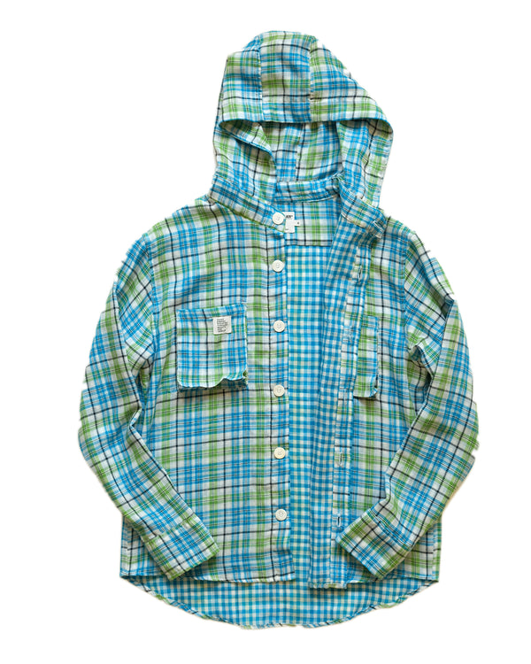 Hooded Werk Shirt in Doubleface Madras Cotton (Blue/Green)